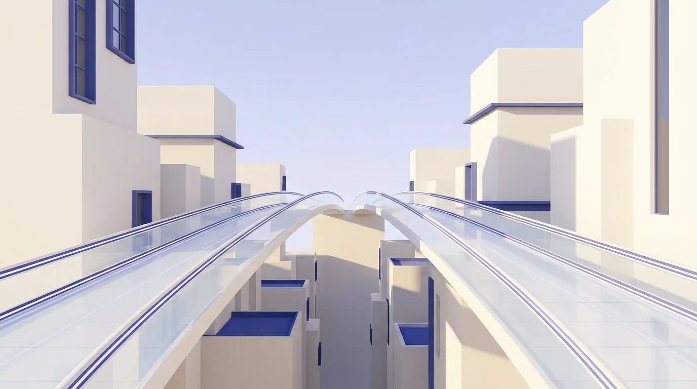 Futuristic Cityscape | HE Sector Directory An abstract rendering shows a futuristic cityscape with long escalators, representing opportunities within the higher.